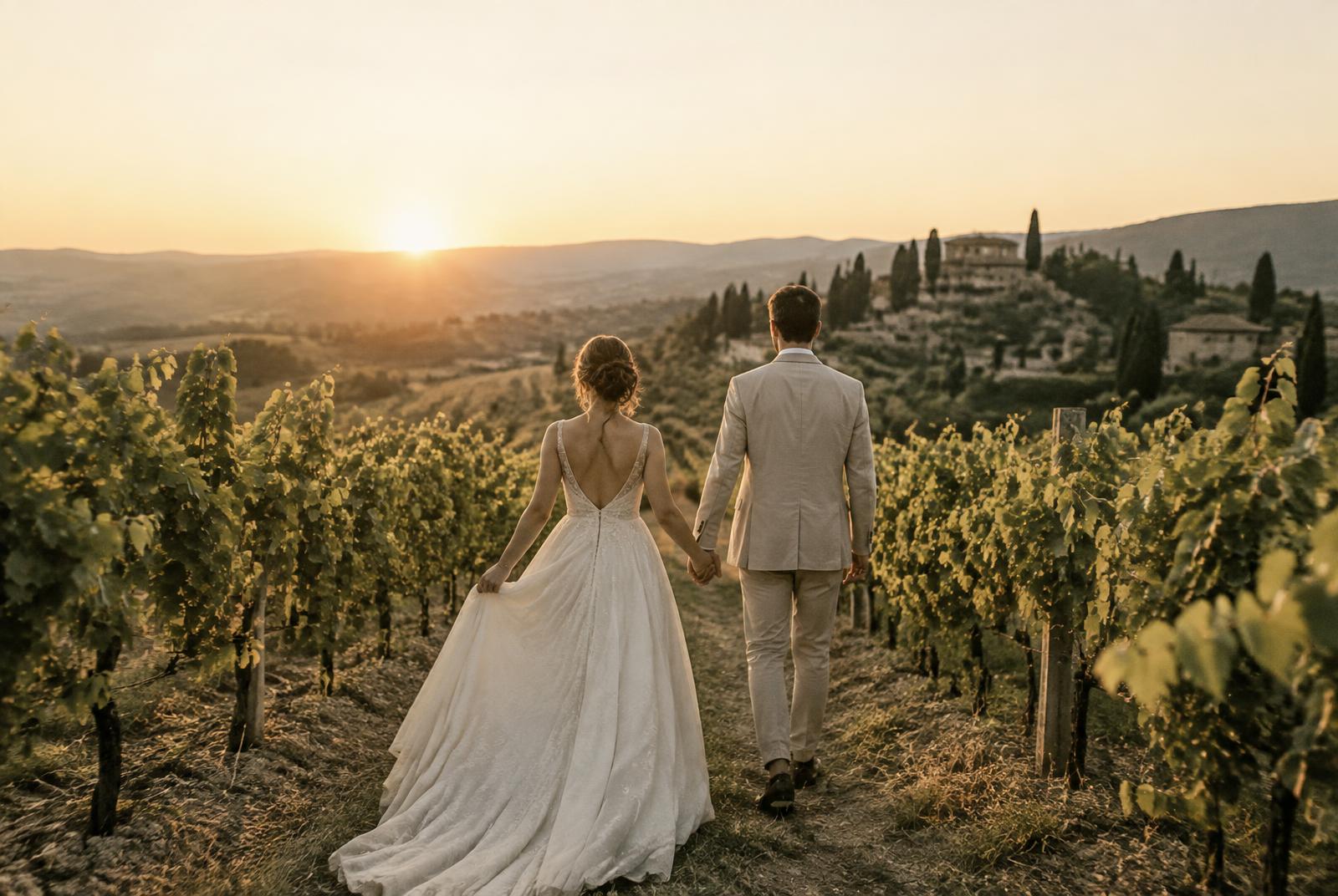 Casal caminhando entre vinhedos ao pôr do sol